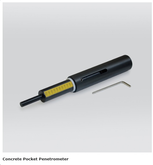 Betontaschenpenetrometer 0-5 MPa Messbereich. Der Kolben hat eine Skala von 0,5 MPa.